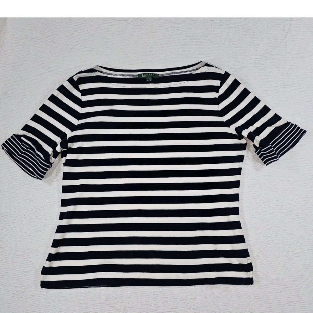Lauren Ralph Lauren 100% Cotton Navy & White Striped Boatneck Top Size XL